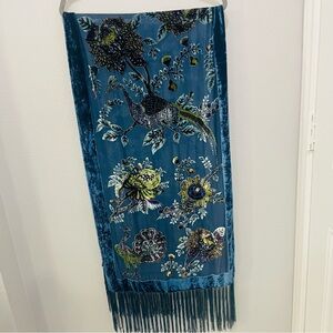 Cejon Accessories Peacock Silk & Burnout Velvet Hand Beaded Scarf with Fringe